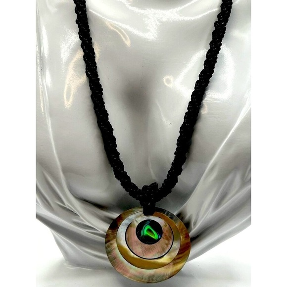 Handmade Black Beaded Necklace With Abalone Shell Pendant.  A34 - Picture 1 of 7